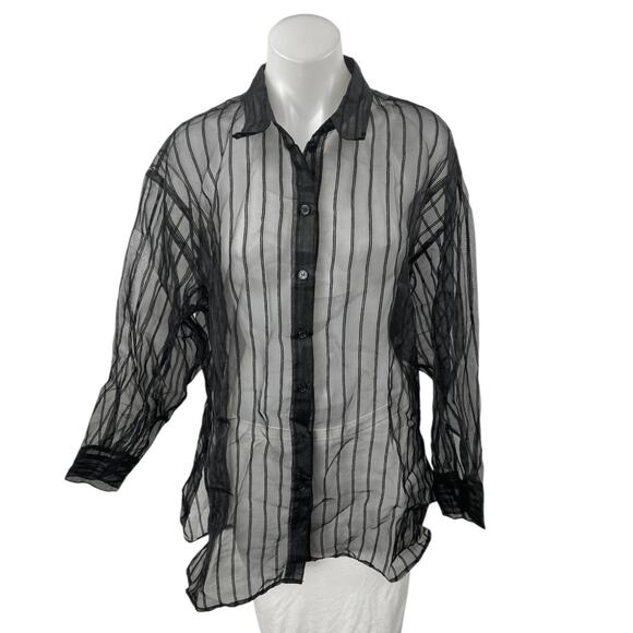DR2 Women's Black Striped Long Sleeve Button Down Sheer Tunic Blouse Shirt Top M - Picture 1 of 5